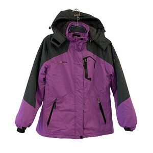 Gemyse Women's Ski Jacket Purple Color Block Full Zip Up Pockets Hooded Medium
